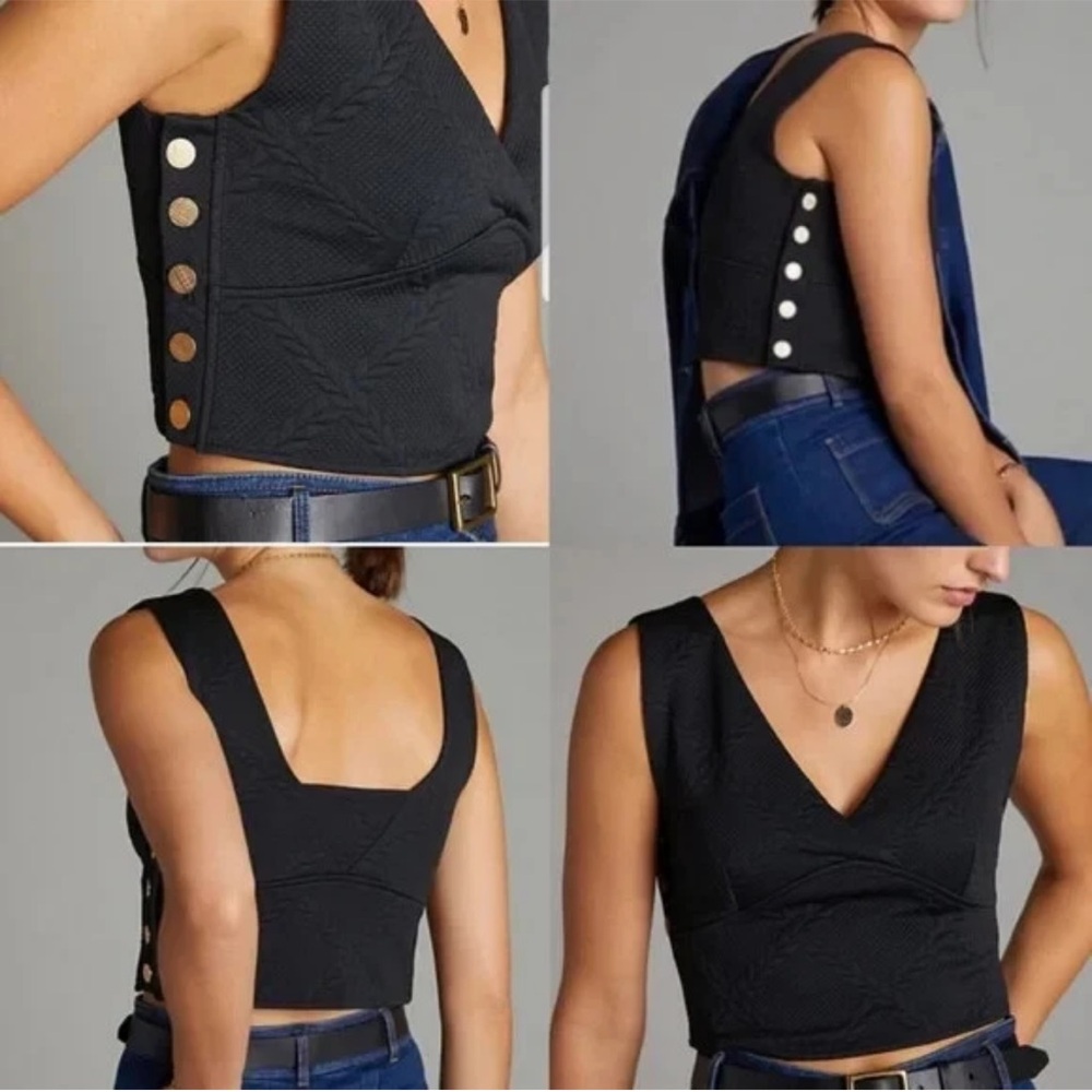 Anthropologie Maeve Large Black Button Side Crop Top Vest XS